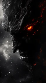 Molten-eyed obsidian demon emerging from cosmic ash.