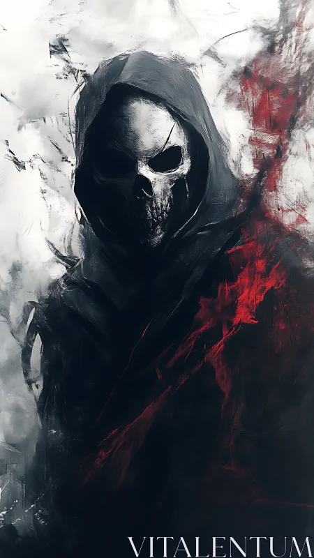Hooded skull wraith emerges through fractured crimson smoke.