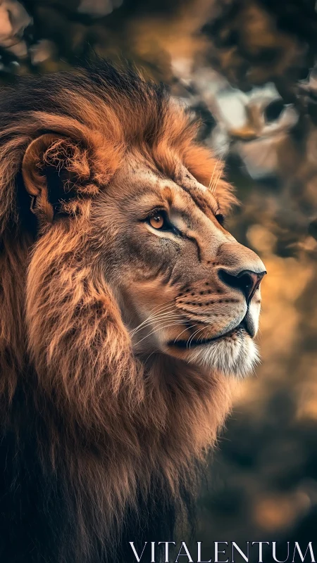 Golden-maned lion gazes into dusk with quiet royal fire.