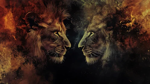 Twin Lions Face Off Against Fiery Inferno Backdrop.