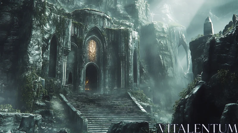 Mystic stone temple doorway glowing through mountain mist.