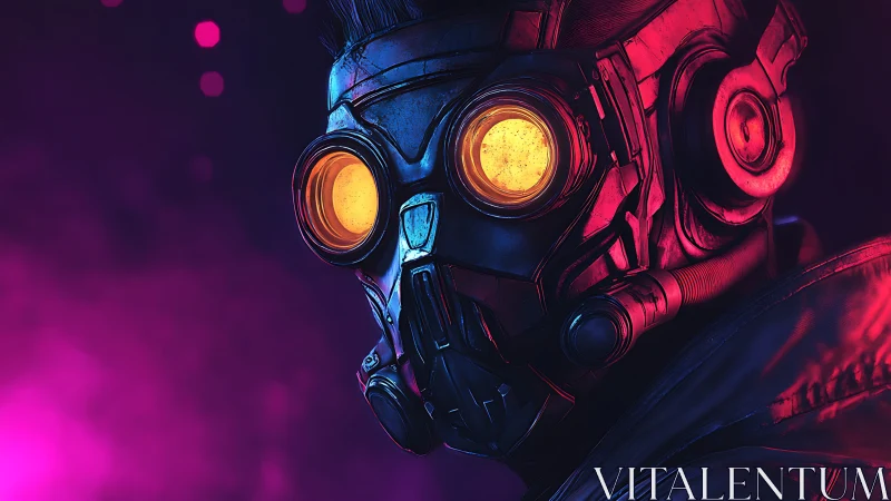 Futuristic figure in gas mask with glowing goggles profile.