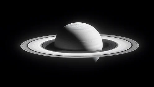 Saturn rendered in monochrome with sharply lit ring system