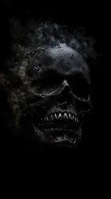 Smoldering obsidian skull grinning through haunted smoke.