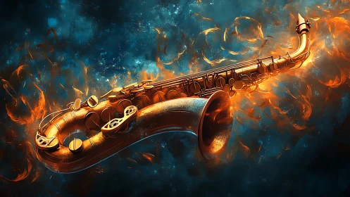 Fiery golden saxophone floating in swirling blue smoke.