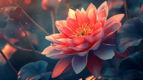 Luminous Lotus Bloom: Coral Fire Kissed by Twilight Glow.