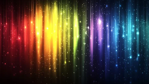 Radiant vertical light streaks cascade across a starry spectrum.