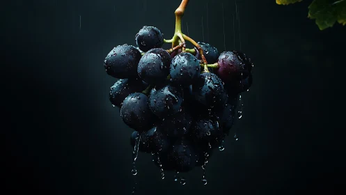Moody close-up captures rain-soaked black grape cluster.