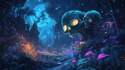 Moonlit skulls whisper above a neon-haunted mushroom forest