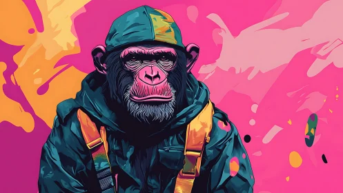 Cool hoodie-wearing chimp pops against neon pink art.