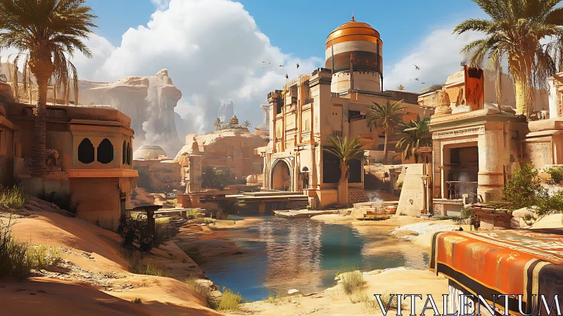 Sunlit desert oasis city with layered sandstone architecture and canal