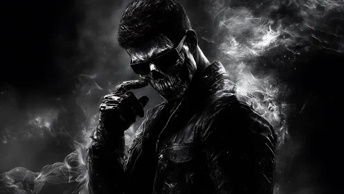 Brooding skull-masked figure wrapped in smoky monochrome drama.