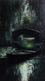 Silent canal boat beneath shaded garden bridge at dusk.