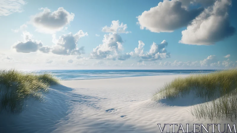 Serene white sand dunes open onto a calm, sunlit ocean