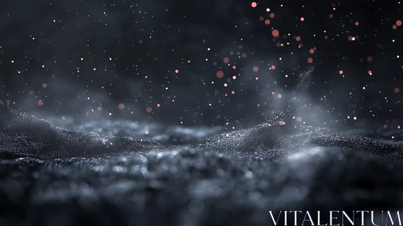 Glowing dust particles drift above dark shimmering waves