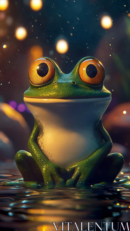 Green frog with large eyes in shallow water at night.