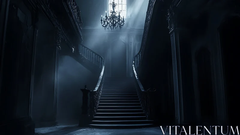 Volumetric moonlight over baroque staircase in haunted atrium.