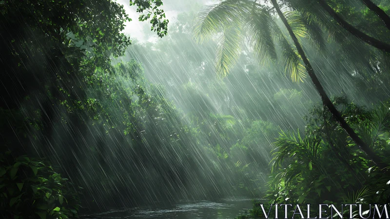 Rain-swept jungle river glows under silver monsoon light.