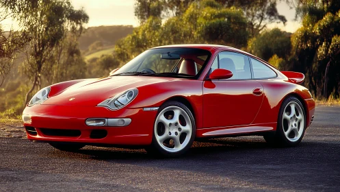 Sunlit red sports coupe paused for a golden hour drive.