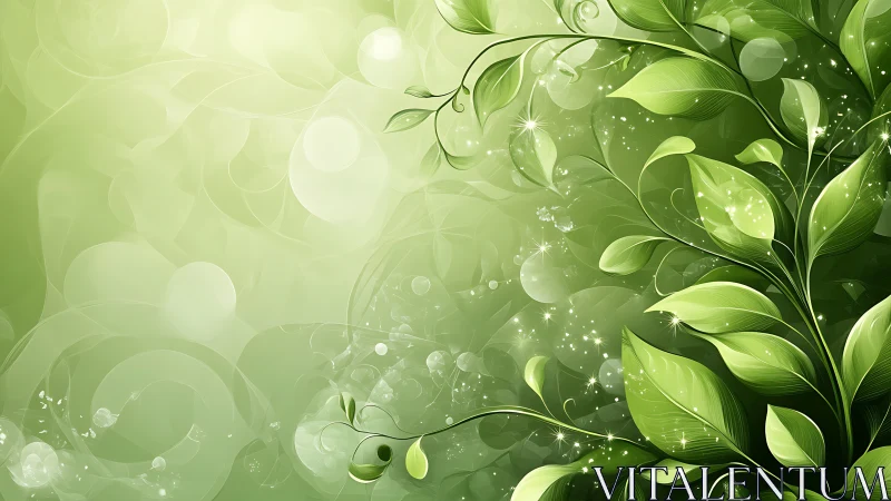 Luminous green foliage swirl with abstract bokeh field.