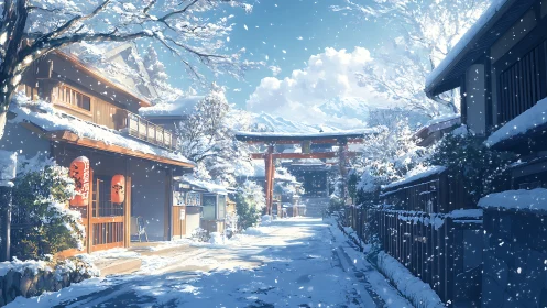 Snowy shrine street glows under crisp winter sunlight.