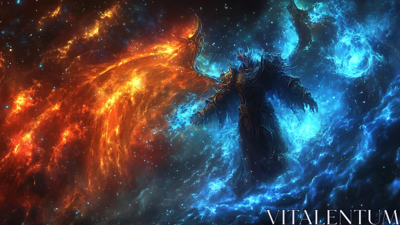 Cosmic elemental warlord commands opposing fire and ice nebulae