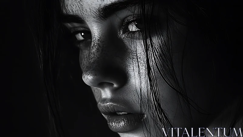 Close monochrome portrait isolates a partially lit human face