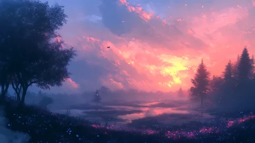 Twilight marshland ignites beneath a dream-bright painted sky.