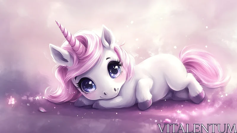 Pastel baby unicorn rests on glowing stardust ground