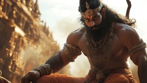 Warrior monkey demigod guards ancient sandstone temple.