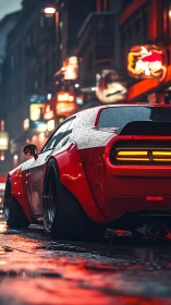 Red muscle car under neon rain in moody city streetscape.