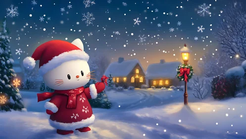 Cozy winter cat in red sharing snowy holiday magic.