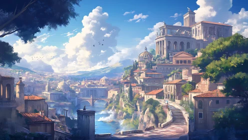 Sunlit classical riverside city with terraced temples.