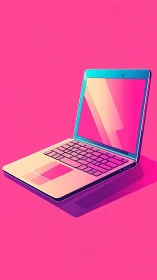 Neon laptop floats in a bold pink digital dreamscape.