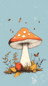 Autumn toadstool sentinel crowned by drifting golden leaves.