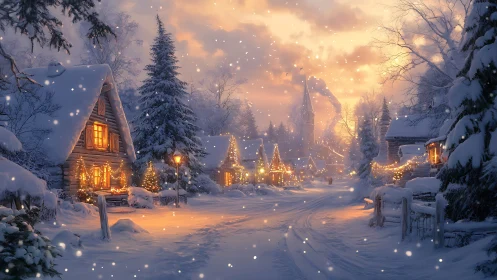 Cozy winter village street glowing under a gentle snowfall.