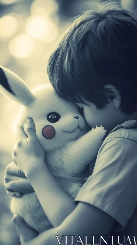 Child embracing plush electric creature in soft bokeh light.