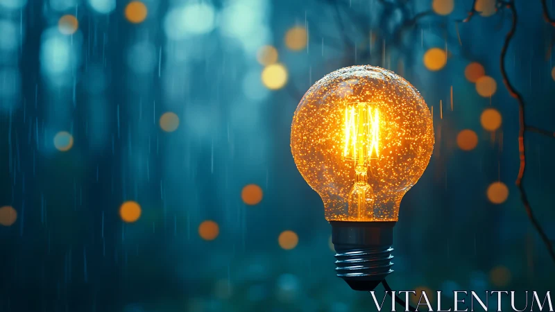 Glowing filament bulb shines warmly in a rainy forest night.