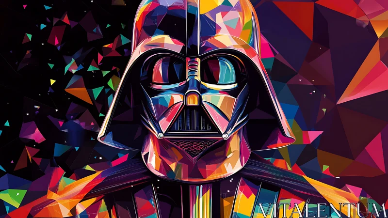 Geometric multicolor helmeted figure on dark polygonal field.