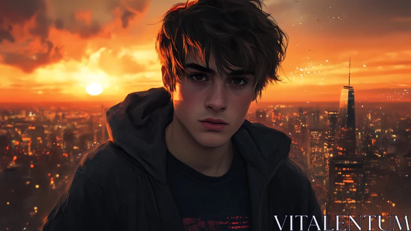 Brooding teen under burning city sunset skyline portrait.