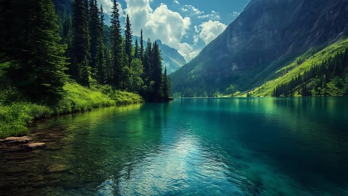 Mountain lake with evergreen forest and steep valley slopes.