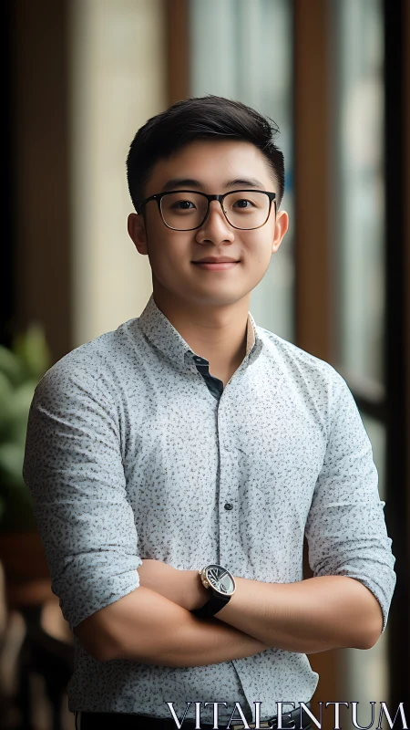 Photorealistic corporate portrait with shallow depth of field.