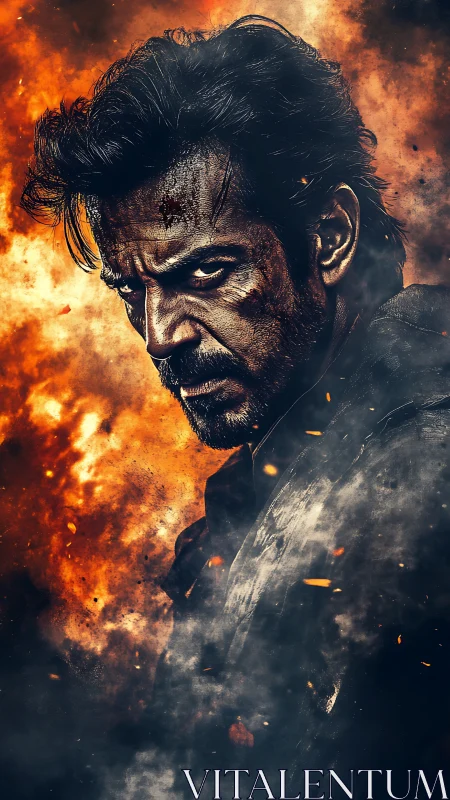 Cinematic warrior portrait amid pyroclastic firestorm compositing.