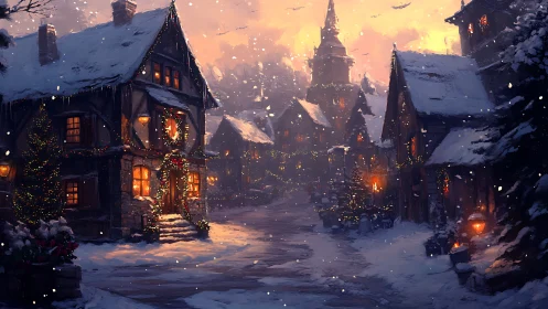 Snowy village street glowing with cozy holiday warmth.
