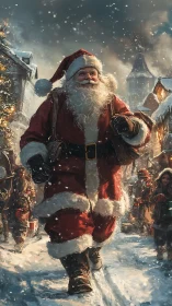 Snowy village stroll with a storybook Santa in mid-laughter.