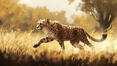 Cheetah in Motion Through Golden Savanna Landscape.