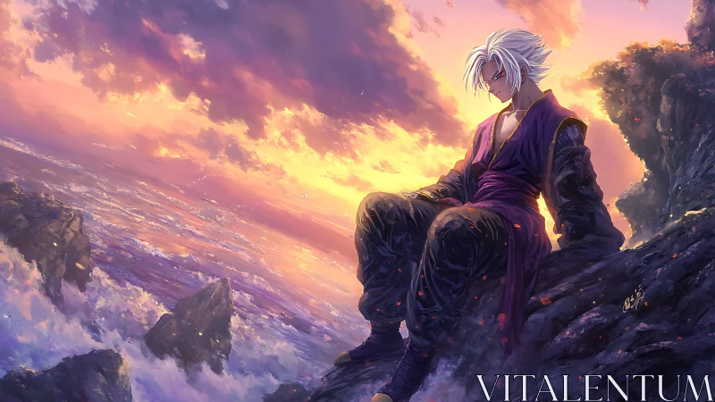 Quiet warrior resting above a glowing sunset sea.