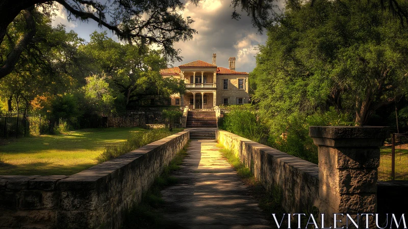 Sunlit stone manor beyond tree-lined garden pathway.