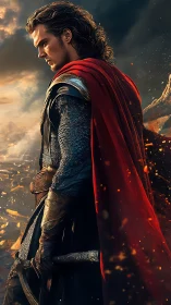 Armored fantasy warrior in red cape with sword, ember sky