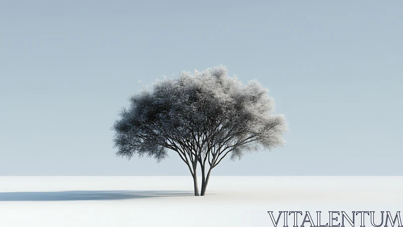 Solitary winter tree stands on minimal snow plain